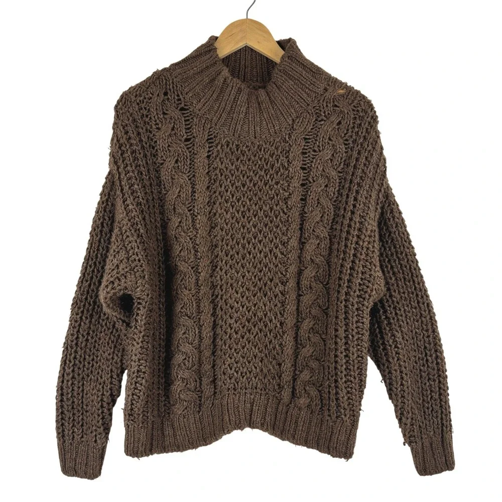Universal Thread Chunky Brown Cable Knit Mock Neck‎ Sweater Size M Fisherman